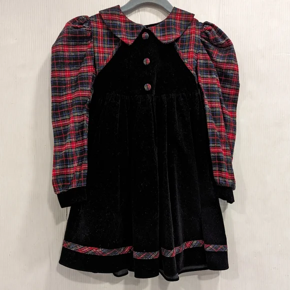 VINTAGE Jo Lene girls red plaid & black velvet holiday Christmas dress - Picture 9 of 11